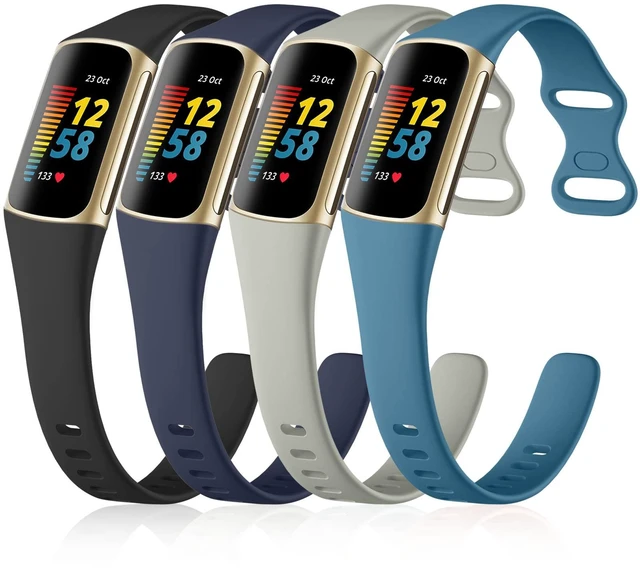 Main image of 4 Pack Slim Band Compatible with Fitbit Charge 5/6 Bands Women Men Soft Silicone Strap, Sport Replacement Wristbands for Fitbit Charge 5/Charge 6 Fitness Tracker, Black/Slate/Navy Blue/Gray