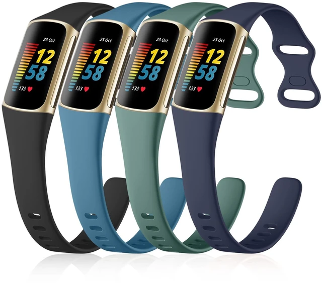 Main image of 4 Pack Slim Band Compatible with Fitbit Charge 5/6 Bands Women Men Soft Silicone Strap, Sport Replacement Wristband for Fitbit Charge 5 6 Fitness Tracker, Black/Slate/Navy Blue/Pine Green