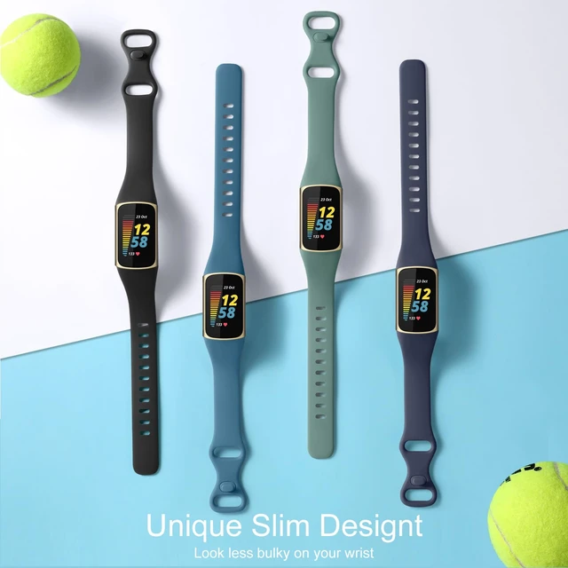 Alt view image 4 of 7 - 4 Pack Slim Band Compatible with Fitbit Charge 5/6 Bands Women Men Soft Silicone Strap, Sport Replacement Wristband for Fitbit Charge 5 6 Fitness Tracker, Black/Slate/Navy Blue/Pine Green