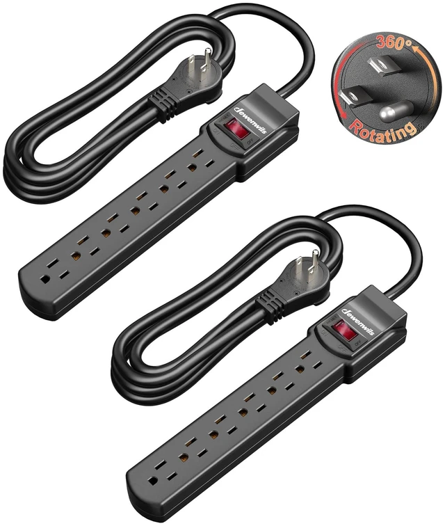Main image of 6FT Long Power Strip Low Profile Flat Plug, 15 Amp Circuit Breaker, 500 Joules, Wall Mount for Office, Living Room, Bedroom, White, UL Listed