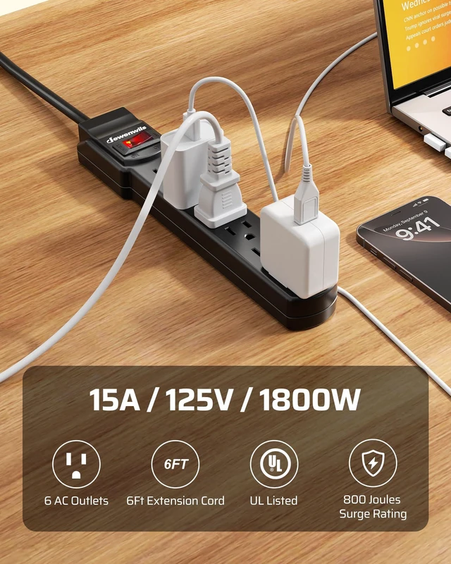 Alt view image 2 of 7 - 6FT Long Power Strip Low Profile Flat Plug, 15 Amp Circuit Breaker, 500 Joules, Wall Mount for Office, Living Room, Bedroom, White, UL Listed