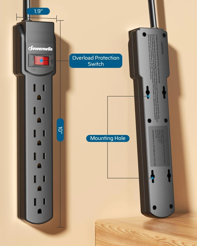 Alt view image 7 of 7 - 6FT Long Power Strip Low Profile Flat Plug, 15 Amp Circuit Breaker, 500 Joules, Wall Mount for Office, Living Room, Bedroom, White, UL Listed