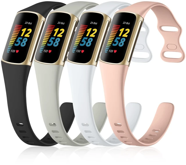Main image of 4 Pack Slim Band Compatible with Fitbit Charge 5/6 Bands Women Men Soft Silicone Strap, Sport Replacement Wristbands for Fitbit Charge 5/Charge 6 Fitness Tracker, Black/White/Gray/Pink