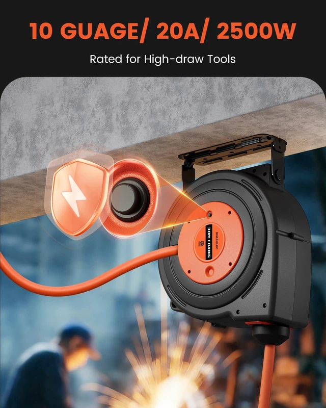 Alt view image 2 of 7 - 20AMP Retractable Extension Cord Reel, 30FT, 10 Gauge, ETL Listed 4 Lighted Outlets, 10 AWG SJTOW Heavy Duty Power Cord, 2500W, Auto Rewind, Wall/Ceiling Mount for Garage Workshop