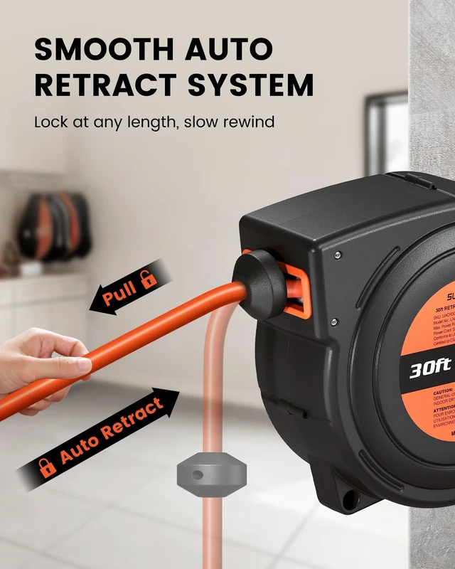 Alt view image 4 of 7 - 20AMP Retractable Extension Cord Reel, 30FT, 10 Gauge, ETL Listed 4 Lighted Outlets, 10 AWG SJTOW Heavy Duty Power Cord, 2500W, Auto Rewind, Wall/Ceiling Mount for Garage Workshop