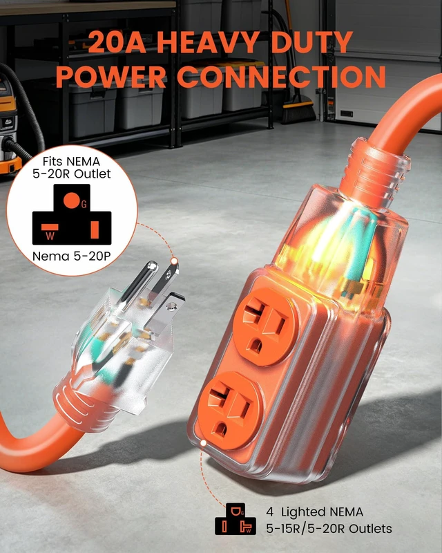 Alt view image 3 of 7 - 20AMP Retractable Extension Cord Reel, 30FT, 10 Gauge, ETL Listed 4 Lighted Outlets, 10 AWG SJTOW Heavy Duty Power Cord, 2500W, Auto Rewind, Wall/Ceiling Mount for Garage Workshop