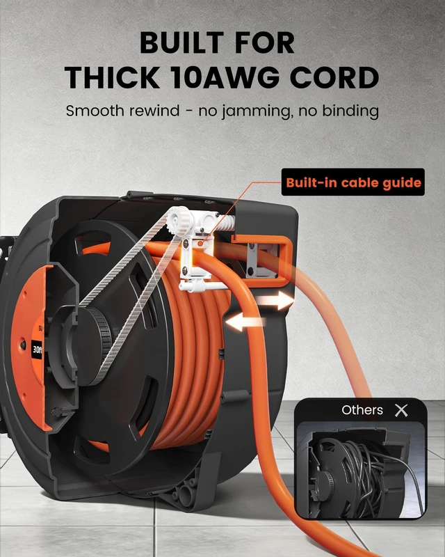 Alt view image 5 of 7 - 20AMP Retractable Extension Cord Reel, 30FT, 10 Gauge, ETL Listed 4 Lighted Outlets, 10 AWG SJTOW Heavy Duty Power Cord, 2500W, Auto Rewind, Wall/Ceiling Mount for Garage Workshop