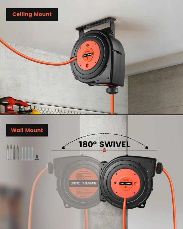 Alt view image 6 of 7 - 20AMP Retractable Extension Cord Reel, 30FT, 10 Gauge, ETL Listed 4 Lighted Outlets, 10 AWG SJTOW Heavy Duty Power Cord, 2500W, Auto Rewind, Wall/Ceiling Mount for Garage Workshop