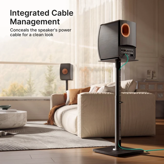 Alt view image 3 of 7 - 22-32 Speaker Stand Pair for Surround Sound,Holds 55 LBS,Wooden Base Cable Management, 11.8 inch Square Base, 9*10-inch Metal Top Panel, Two Feet Avaliable, Height Adjustable from 22" to 32"