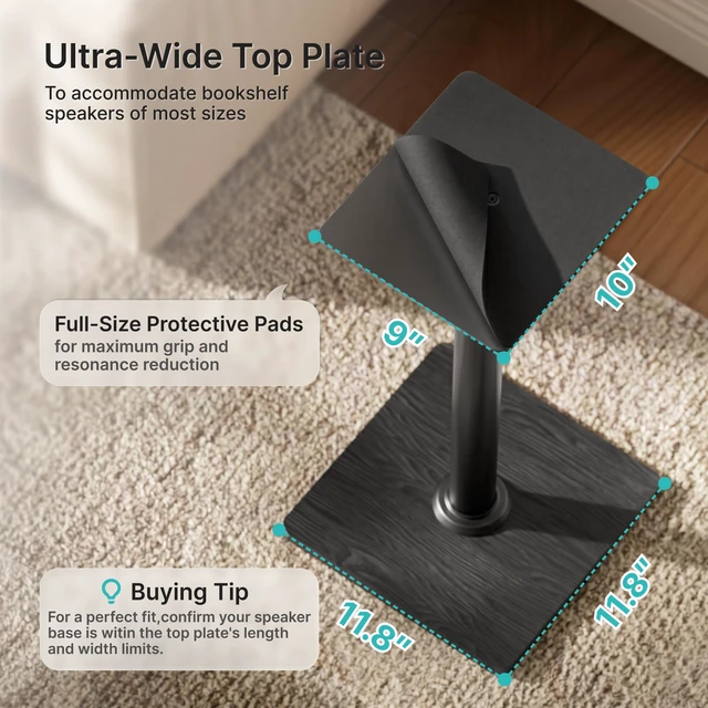 Alt view image 4 of 7 - 22-32 Speaker Stand Pair for Surround Sound,Holds 55 LBS,Wooden Base Cable Management, 11.8 inch Square Base, 9*10-inch Metal Top Panel, Two Feet Avaliable, Height Adjustable from 22" to 32"