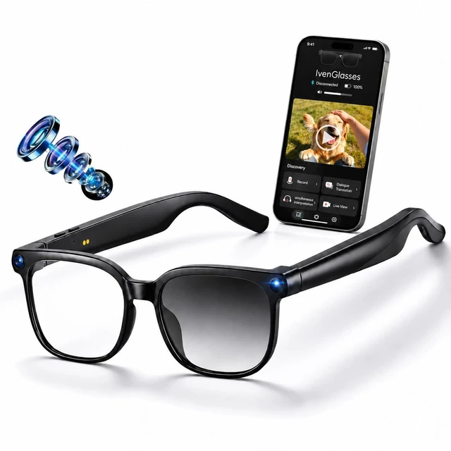 Main image of AI Smart Glasses with Camera, 8MP HD Video Recording Glasses, 1200P 30FPS EIS, Voice Assistant, Real-Time Translation, Open-Ear Bluetooth Audio, Photochromic Lenses, lente con Camara