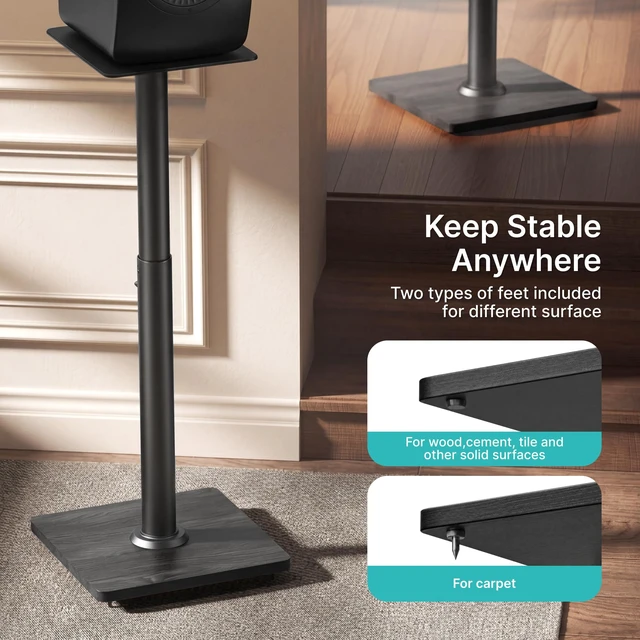 Alt view image 5 of 7 - 22-32 Speaker Stand Pair for Surround Sound,Holds 55 LBS,Wooden Base Cable Management, 11.8 inch Square Base, 9*10-inch Metal Top Panel, Two Feet Avaliable, Height Adjustable from 22" to 32"