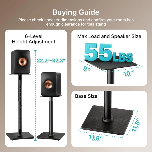 Alt view image 6 of 7 - 22-32 Speaker Stand Pair for Surround Sound,Holds 55 LBS,Wooden Base Cable Management, 11.8 inch Square Base, 9*10-inch Metal Top Panel, Two Feet Avaliable, Height Adjustable from 22" to 32"