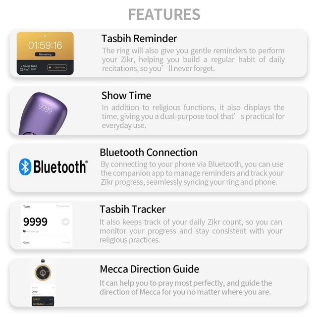 Alt view image 4 of 7 - Tasbeeh Counter, Tasbih Counter, Zikr Smart Ring, Adjustable Finger Ring Counter, Dhikr Counter, Prayer Direction Indicator, 5 Azan Alarm Clock, APP Support, Eid al-Fitr Gifts for Muslims(Purple)
