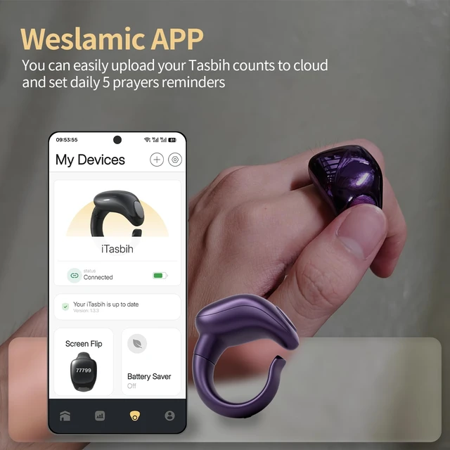 Alt view image 3 of 7 - Tasbeeh Counter, Tasbih Counter, Zikr Smart Ring, Adjustable Finger Ring Counter, Dhikr Counter, Prayer Direction Indicator, 5 Azan Alarm Clock, APP Support, Eid al-Fitr Gifts for Muslims(Purple)