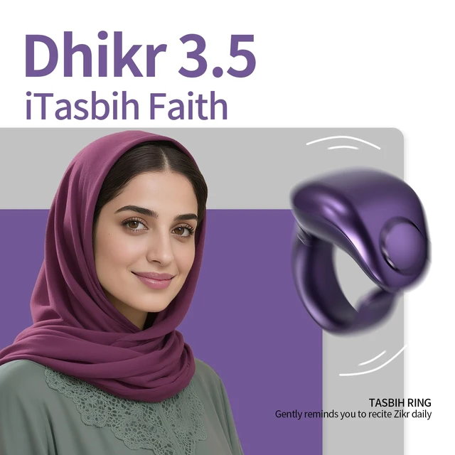 Alt view image 7 of 7 - Tasbeeh Counter, Tasbih Counter, Zikr Smart Ring, Adjustable Finger Ring Counter, Dhikr Counter, Prayer Direction Indicator, 5 Azan Alarm Clock, APP Support, Eid al-Fitr Gifts for Muslims(Purple)