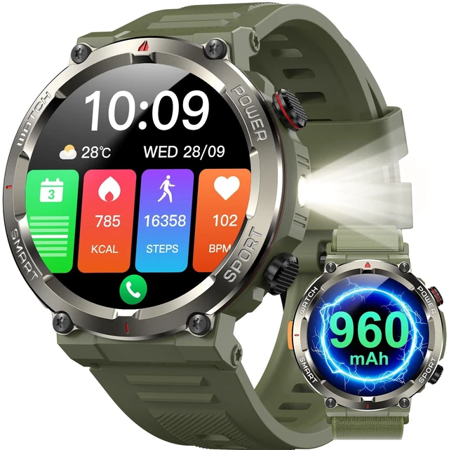 Main image of Military Tactical Smart Watches for Men, 100-Day Battery Rugged Fitness Watch with Compass & Flashlight, Sports Watch for Android with 1.45" HD Display AI Voice, IP68 Waterproof Smartwatch (Green)