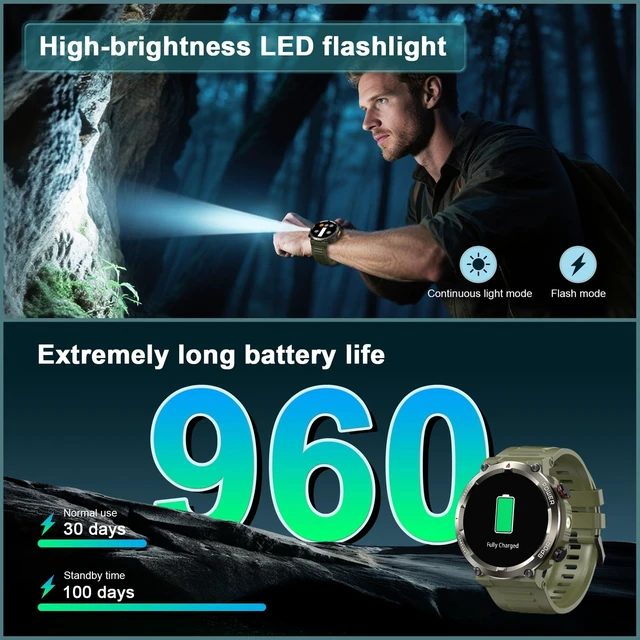 Alt view image 2 of 7 - Military Tactical Smart Watches for Men, 100-Day Battery Rugged Fitness Watch with Compass & Flashlight, Sports Watch for Android with 1.45" HD Display AI Voice, IP68 Waterproof Smartwatch (Green)