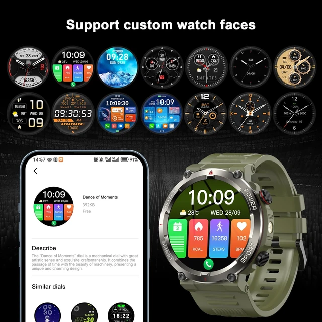 Alt view image 5 of 7 - Military Tactical Smart Watches for Men, 100-Day Battery Rugged Fitness Watch with Compass & Flashlight, Sports Watch for Android with 1.45" HD Display AI Voice, IP68 Waterproof Smartwatch (Green)