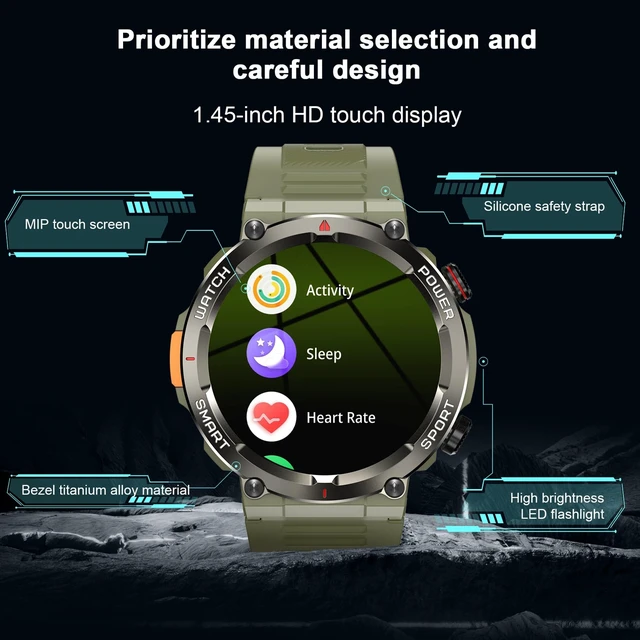 Alt view image 7 of 7 - Military Tactical Smart Watches for Men, 100-Day Battery Rugged Fitness Watch with Compass & Flashlight, Sports Watch for Android with 1.45" HD Display AI Voice, IP68 Waterproof Smartwatch (Green)