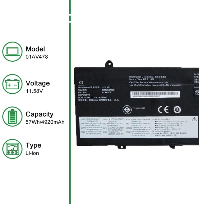 Alt view image 2 of 6 - 01AV478 L17L3P71 SB10K97620 Laptop Battery Replacement for Lenovo ThinkPad T480s Series Notebook L17M3P71 01AV479 SB10K97621 L17M3P72 01AV480 SB10K97622 11.58V 57Wh 4920mAh