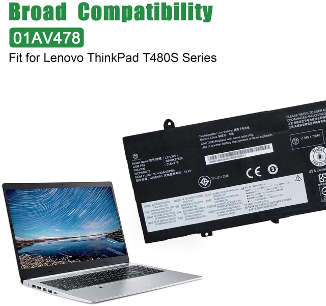 Alt view image 5 of 6 - 01AV478 L17L3P71 SB10K97620 Laptop Battery Replacement for Lenovo ThinkPad T480s Series Notebook L17M3P71 01AV479 SB10K97621 L17M3P72 01AV480 SB10K97622 11.58V 57Wh 4920mAh