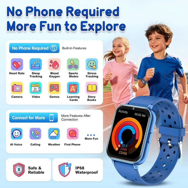 Alt view image 2 of 7 - Smart Watch for Kids, 1.83" Fitness Tracker with Heart Rate, Sleep Tracking, IP68 Waterproof, AI Voice, Calling, Camera, Games, Dual Bands, Gift for Girls and Boys Ages 5-16