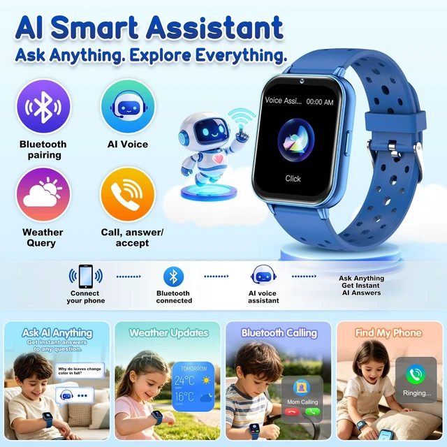 Alt view image 4 of 7 - Smart Watch for Kids, 1.83" Fitness Tracker with Heart Rate, Sleep Tracking, IP68 Waterproof, AI Voice, Calling, Camera, Games, Dual Bands, Gift for Girls and Boys Ages 5-16
