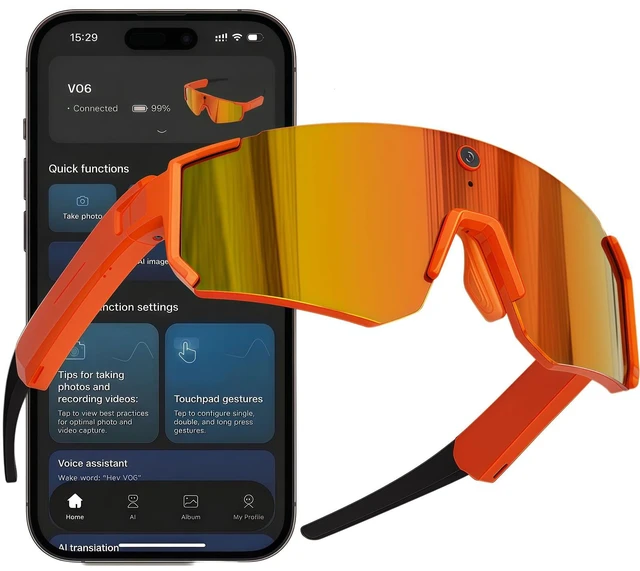 Main image of Sport AI Smart Sunglasses with 4K POV Camera (Orange/Tangerine) Audio & Video, Real-Time Translation, AI Voice Assistant, Internal Storage, Unisex for Cycling & Outdoor Sports