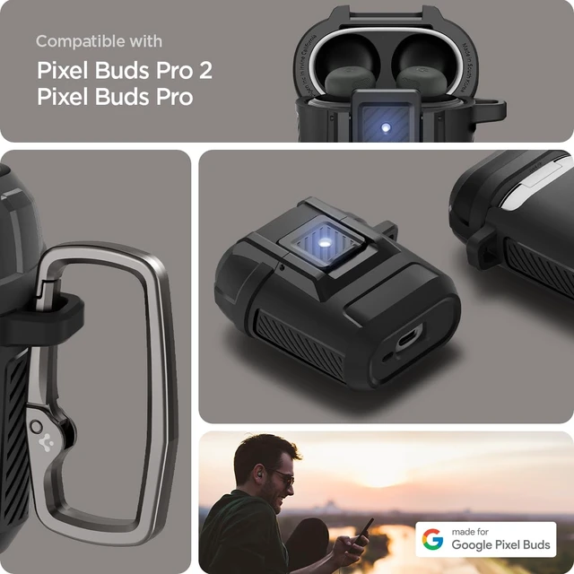 Alt view image 2 of 7 - Lock Fit Designed for Pixel Buds Pro 2 & 1 (2024/2022) with Lock Secure Locking Clip, TPU & PC Dual-Layer, Drop Protection, Included Carabiner - Matte Black