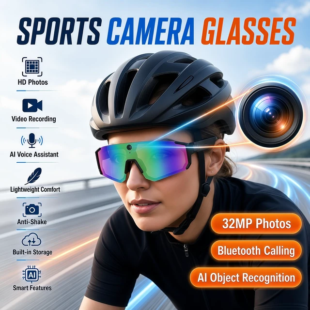Alt view image 2 of 7 - Sport AI Smart Sunglasses with 4K POV Camera (White/Ice Blue) Audio & Video, Real-Time Translation, AI Voice Assistant, Internal Storage, Unisex for Cycling & Outdoor Sports