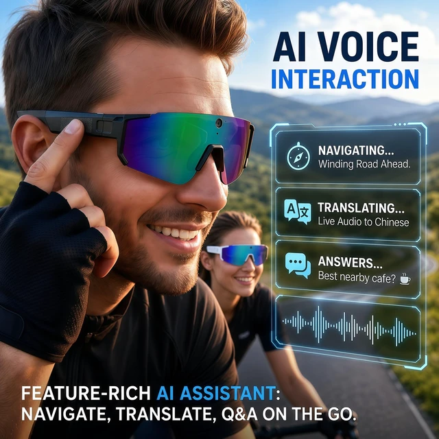 Alt view image 3 of 7 - Sport AI Smart Sunglasses with 4K POV Camera (White/Ice Blue) Audio & Video, Real-Time Translation, AI Voice Assistant, Internal Storage, Unisex for Cycling & Outdoor Sports