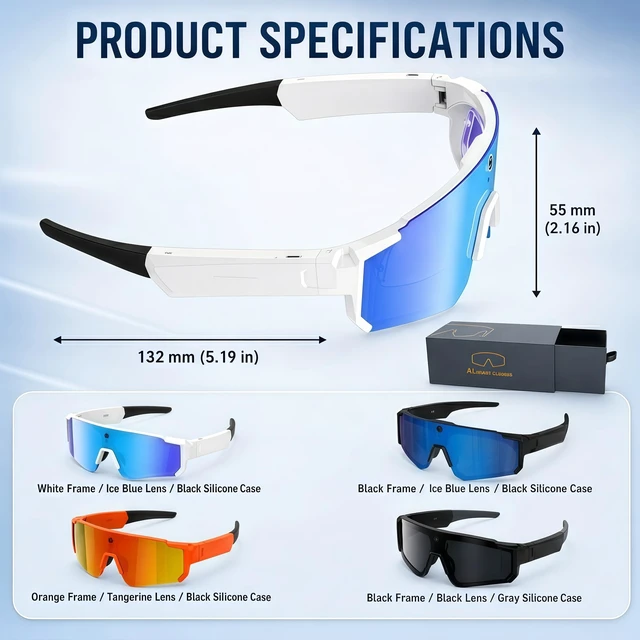 Alt view image 7 of 7 - Sport AI Smart Sunglasses with 4K POV Camera (White/Ice Blue) Audio & Video, Real-Time Translation, AI Voice Assistant, Internal Storage, Unisex for Cycling & Outdoor Sports