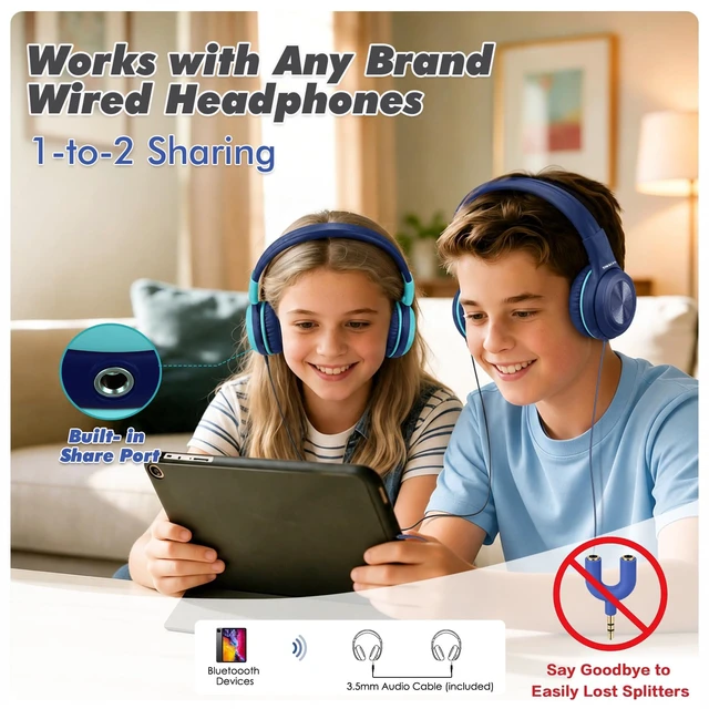 Alt view image 2 of 7 - Kids Bluetooth Headphones with Share Port, HD Mic for Toddler Boys 75/85/94dB Volume Limiter, Foldable with Travel Case, 3.5mm Cord, Durable Wireless Headsets for School Plane Car iPad Tablet