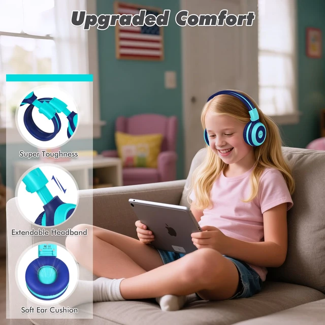 Alt view image 7 of 7 - Kids Bluetooth Headphones with Share Port, HD Mic for Toddler Boys 75/85/94dB Volume Limiter, Foldable with Travel Case, 3.5mm Cord, Durable Wireless Headsets for School Plane Car iPad Tablet