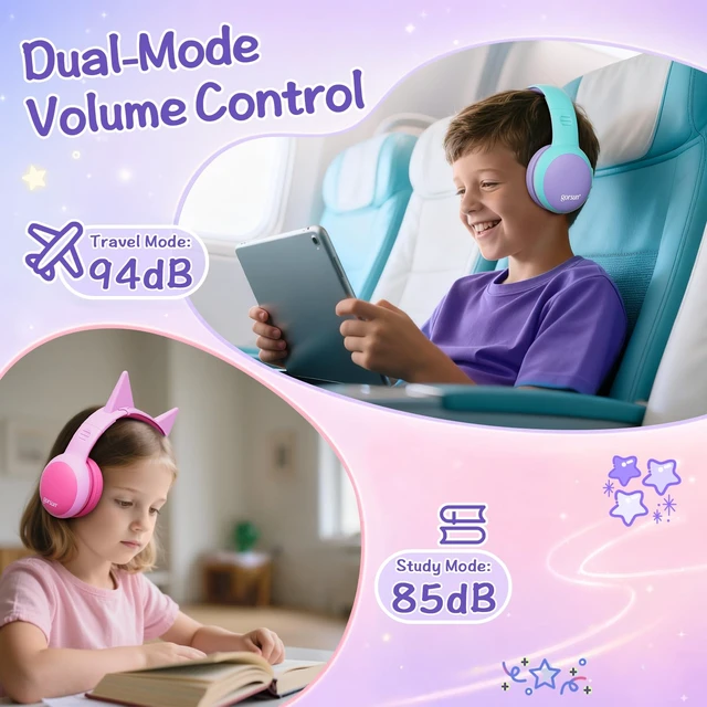 Alt view image 2 of 7 - Kids Bluetooth Headphones, Over-Ear Toddler Headphones with Microphone, 85dB/94dB Volume Limited, 68H Playtime, Bluetooth 6.0, Portable Kids Wireless Headset with Cat Ears (Purple)