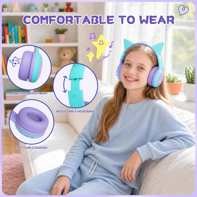 Alt view image 3 of 7 - Kids Bluetooth Headphones, Over-Ear Toddler Headphones with Microphone, 85dB/94dB Volume Limited, 68H Playtime, Bluetooth 6.0, Portable Kids Wireless Headset with Cat Ears (Purple)