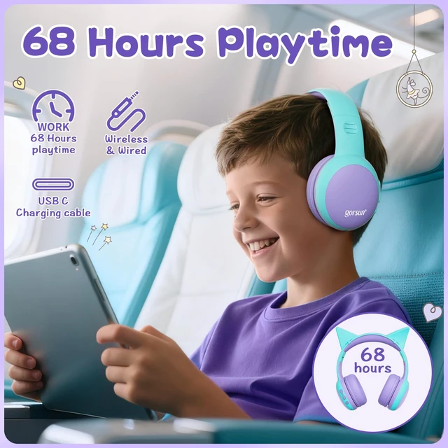 Alt view image 4 of 7 - Kids Bluetooth Headphones, Over-Ear Toddler Headphones with Microphone, 85dB/94dB Volume Limited, 68H Playtime, Bluetooth 6.0, Portable Kids Wireless Headset with Cat Ears (Purple)
