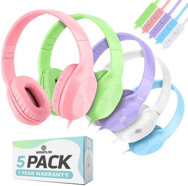 Main image of Bulk Kids Headphones for School with Microphones - 5-Pack On-Ear 3.5mm Wired Headphones for Schools -Comfy Wired Kids Headphones with in-Line Mics School Headphones for Kids