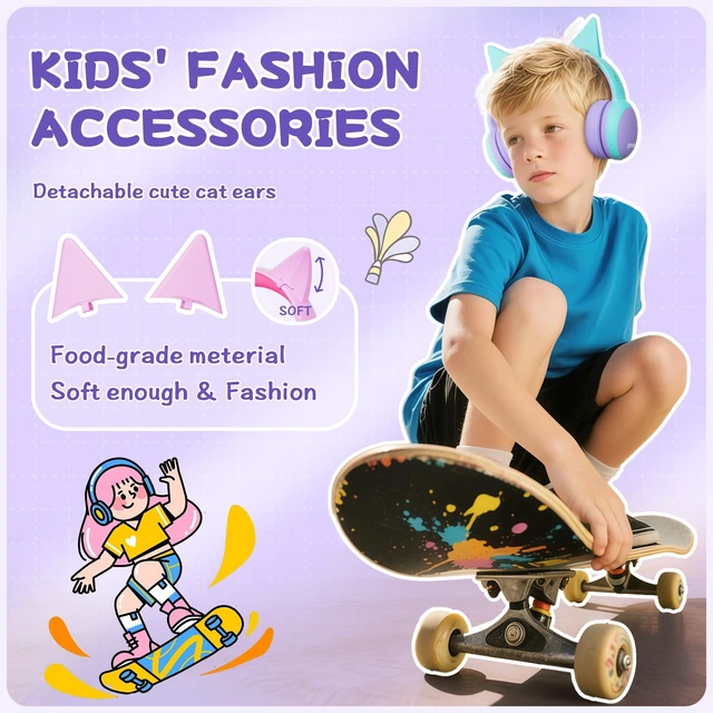 Alt view image 5 of 7 - Kids Bluetooth Headphones, Over-Ear Toddler Headphones with Microphone, 85dB/94dB Volume Limited, 68H Playtime, Bluetooth 6.0, Portable Kids Wireless Headset with Cat Ears (Purple)