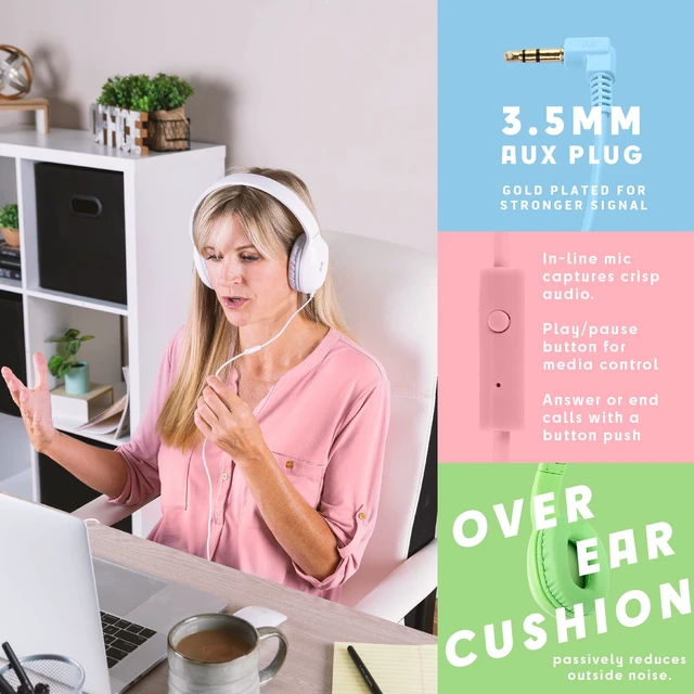 Alt view image 3 of 7 - Bulk Kids Headphones for School with Microphones - 5-Pack On-Ear 3.5mm Wired Headphones for Schools -Comfy Wired Kids Headphones with in-Line Mics School Headphones for Kids