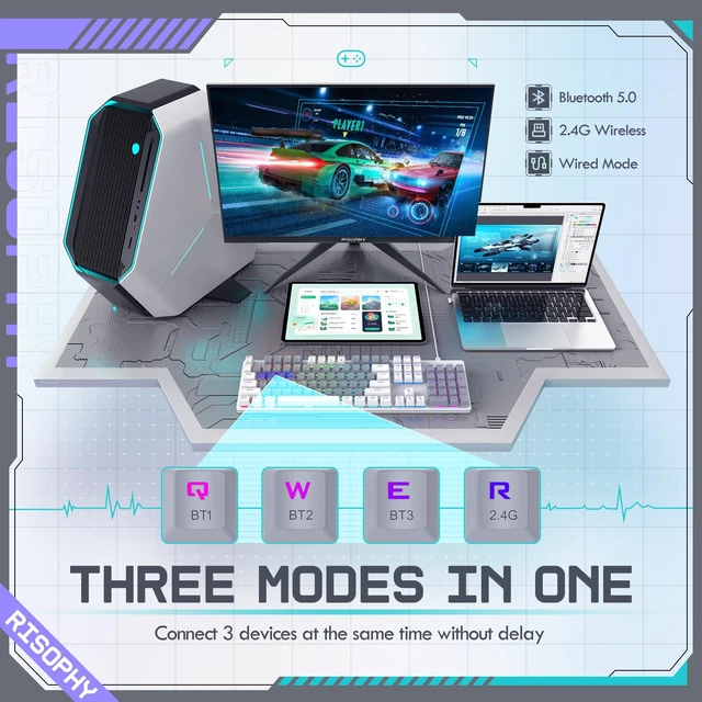 Alt view image 4 of 7 - Wireless Mechanical Keyboard, Triple Mode 2.4G/USB-C/Bluetooth Gaming Keyboard, 104 Keys Programmable, Customize RGB Backlit, Red Switch, Bicolor PBT Keycaps, Rechargeable Wired for Laptop PC