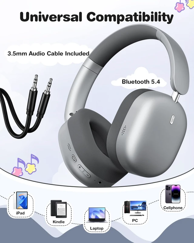 Alt view image 3 of 7 - Kids Headphones Wireless Bluetooth 5.4,Foldable Over Ear Headphones with 3.5mm Wired Mode,Safe Volume Limit,48H Playtime,Clear Calls,HD Sound for Toddlers/Children/School/Travel,Space Grey