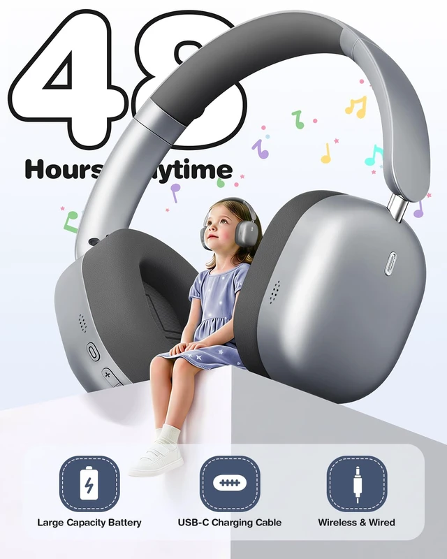 Alt view image 6 of 7 - Kids Headphones Wireless Bluetooth 5.4,Foldable Over Ear Headphones with 3.5mm Wired Mode,Safe Volume Limit,48H Playtime,Clear Calls,HD Sound for Toddlers/Children/School/Travel,Space Grey