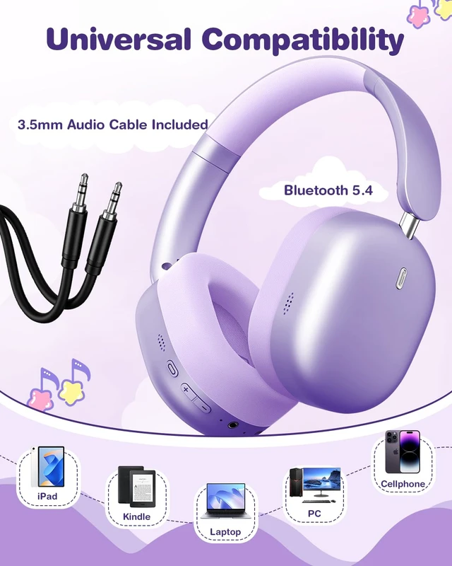 Alt view image 3 of 7 - Kids Headphones Wireless Bluetooth 5.4,Foldable Over Ear Headphones with 3.5mm Wired Mode,Safe Volume Limit,48H Playtime,Clear Calls,HD Sound for Toddlers/Children/School/Travel,Purple