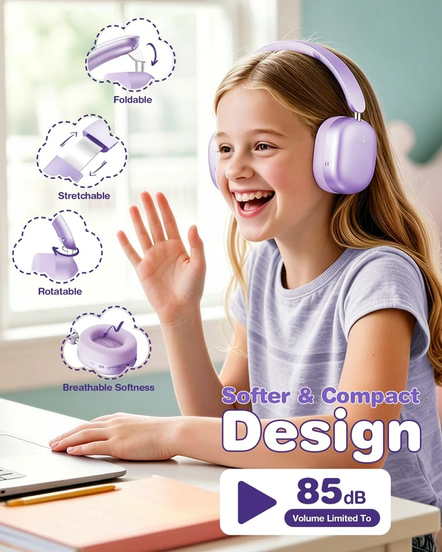 Alt view image 5 of 7 - Kids Headphones Wireless Bluetooth 5.4,Foldable Over Ear Headphones with 3.5mm Wired Mode,Safe Volume Limit,48H Playtime,Clear Calls,HD Sound for Toddlers/Children/School/Travel,Purple