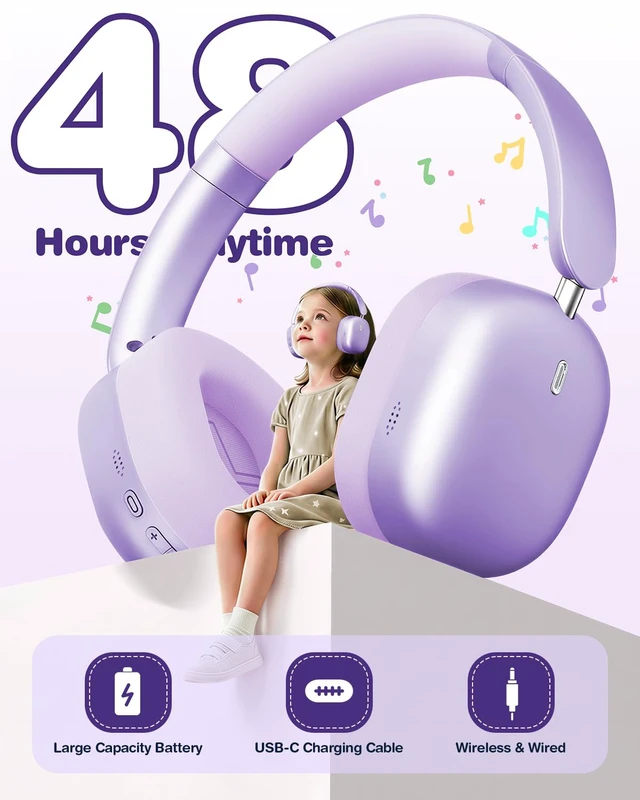 Alt view image 6 of 7 - Kids Headphones Wireless Bluetooth 5.4,Foldable Over Ear Headphones with 3.5mm Wired Mode,Safe Volume Limit,48H Playtime,Clear Calls,HD Sound for Toddlers/Children/School/Travel,Purple