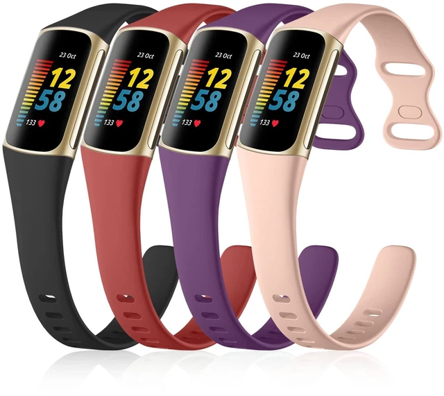 Main image of 4 Pack Slim Band Compatible with Fitbit Charge 5/6 Bands Women Men Soft Silicone Strap, Sport Replacement Wristbands for Fitbit Charge 5/Charge 6 Fitness Tracker, Black/Plum/Red/Pink