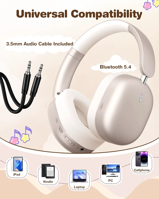 Alt view image 3 of 7 - Kids Headphones Wireless Bluetooth 5.4,Foldable Over Ear Headphones with 3.5mm Wired Mode,Safe Volume Limit,48H Playtime,Clear Calls,HD Sound for Toddlers/Children/School/Travel,Starlight