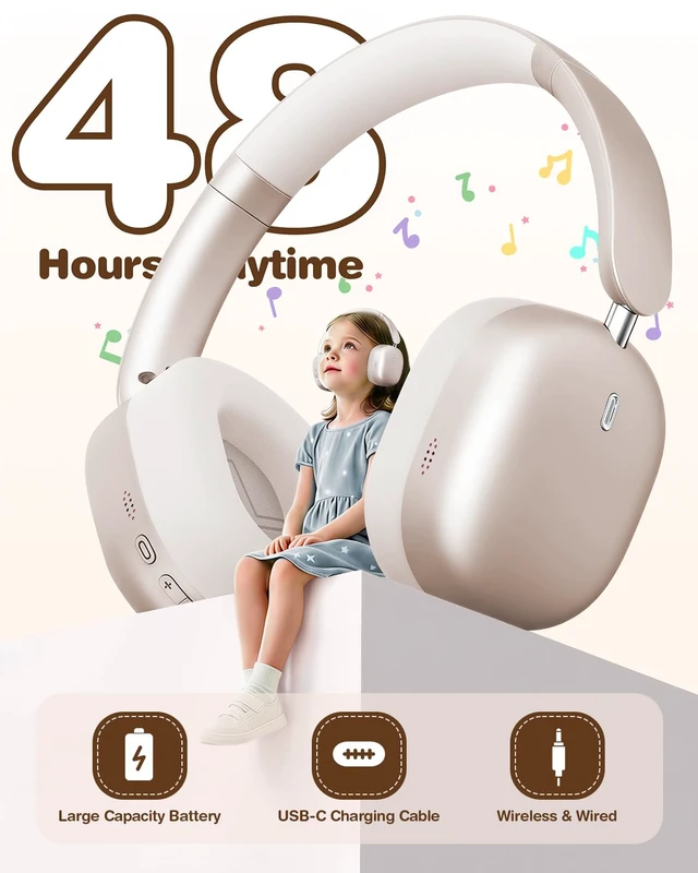 Alt view image 6 of 7 - Kids Headphones Wireless Bluetooth 5.4,Foldable Over Ear Headphones with 3.5mm Wired Mode,Safe Volume Limit,48H Playtime,Clear Calls,HD Sound for Toddlers/Children/School/Travel,Starlight
